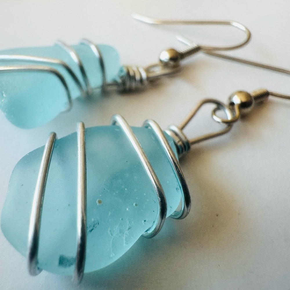 Silver and Blue Wire Wrapped Seaglass Earrings
